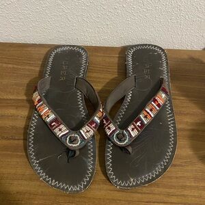 Beaded Brown Leather Roper Flip Flops - Women